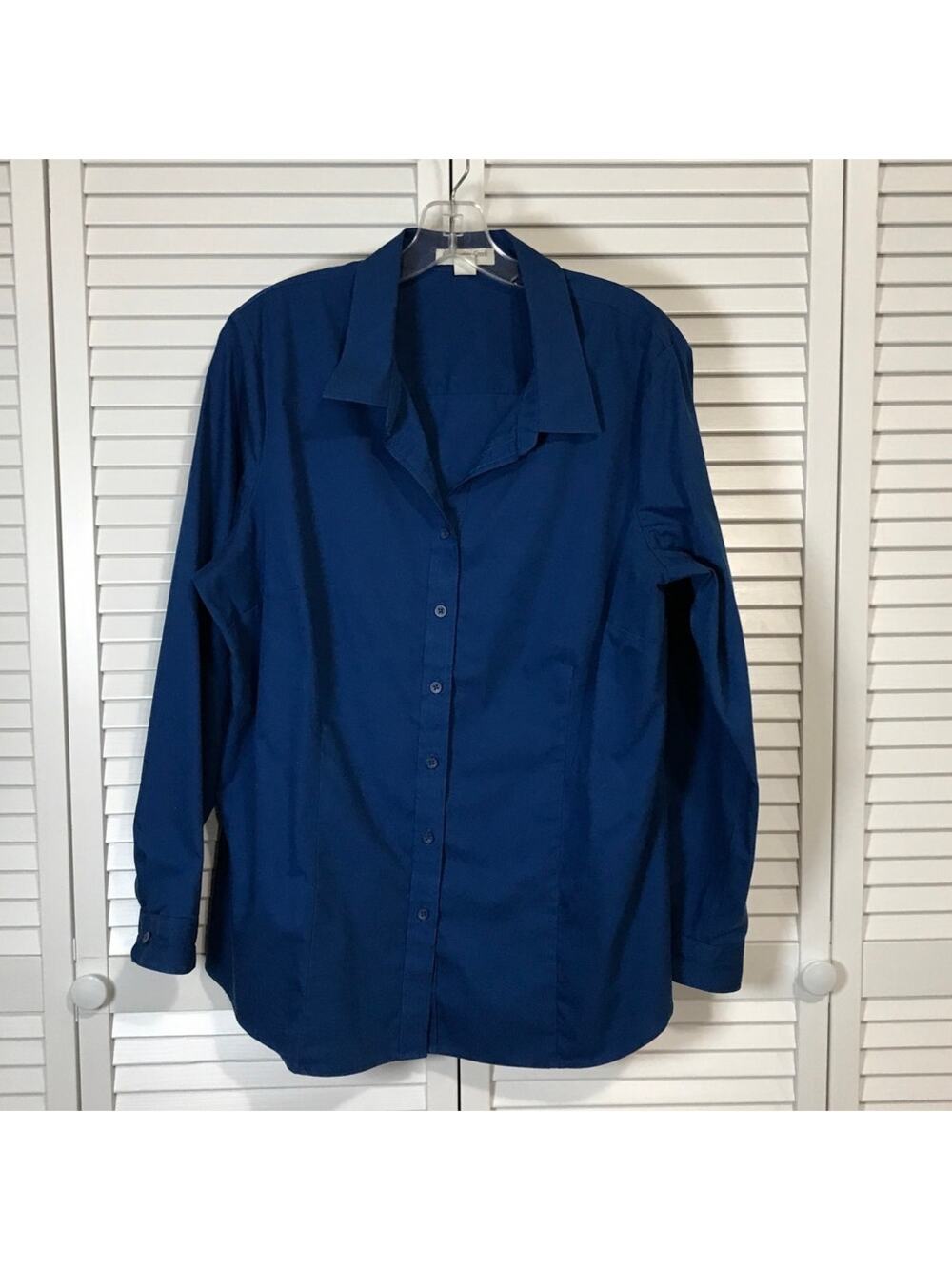 Coldwater Creek Classic Retro Preppy Blue No Iron Cotton Collared Blouse 1X